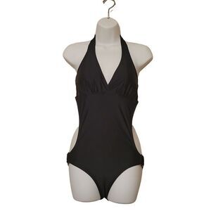 Maxima West Womens Swimsuit Black L Sexy One-Piece Open Back Halter Cut Out
